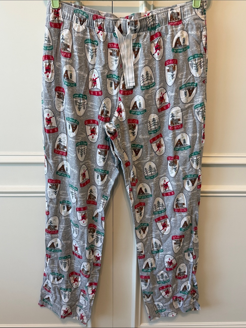 Old Navy Grey Pajama Pants with Red & Green Holiday Motifs